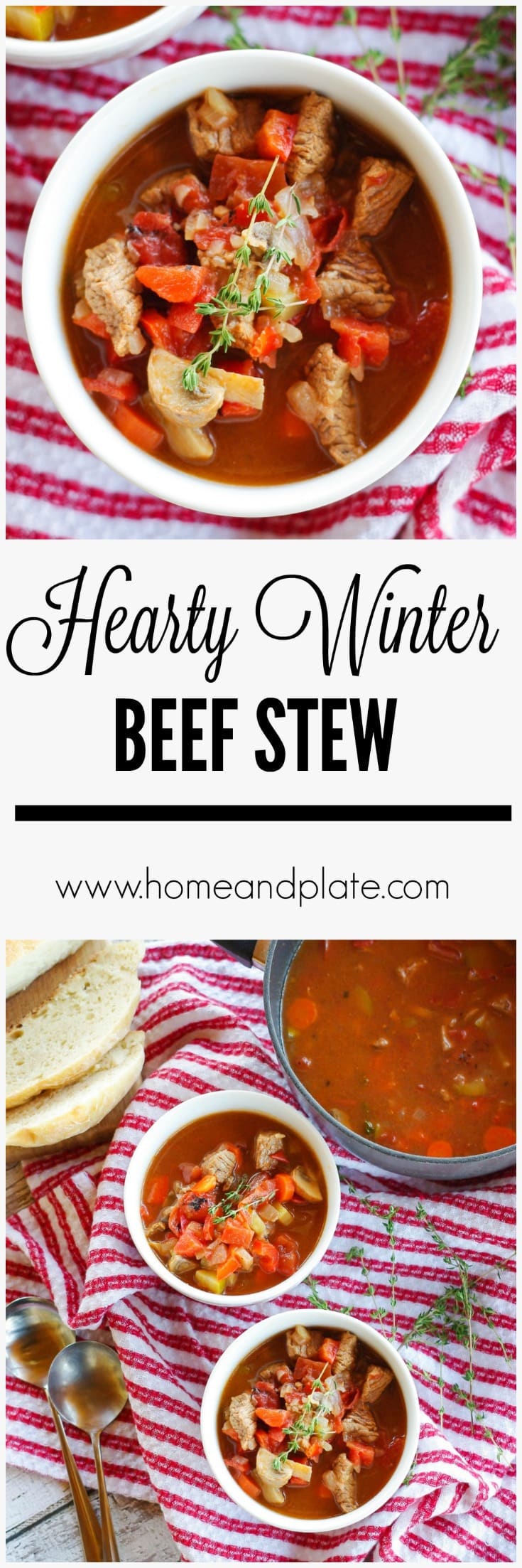  Hearty Winter Beef Stew | www.homeandplate.com | This healthy winter stew if chock full of tender beef and vegetables and can be made on the stovetop or crockpot. 
